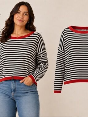 EUC unbranded  XL Striped Black & White Red Trim Coastal Summer Sweater